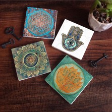 1001 Mandala, Yaşam Çiçeği, Lotus Çiçeği, Fatma Ana Eli (Hamsa) Taş Bardak Altlığı Seti - 4 Pa