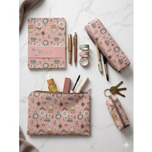 1001 Desenli Defter, Kalemlik, Cüzdan ve El Çantası Seti, Pembe, 96 Sayfa, 14X20 cm