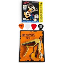 1001 Alice A804 Akustik Gitar Telleri Sl ile Nemesis Gold Fc-75 Kapo ve 4'lü Pena Seti, Altın Renkli Ka