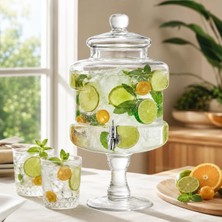 1001 5.5 Litre Musluklu Cam Sebil, Kapaklı ve Ayaklı Cam Içecek Dispenseri, Şeffaf Limonatalık, So�