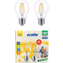 1001 Ecolite 6,5W LED Filament Ampul E27 | 60W Eşdeğer | 2700K Sarı Işık | 810 Lümen | 2’li Paket
