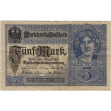 Banknoting Almanya 5 Mark 1917 Birinci Dünya Savaşı Dönemi. Çok Temiz.