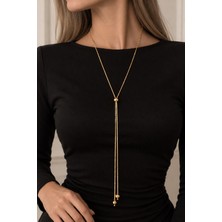 İnvictus Design Invictus Design Kadın Gold Asansör Yılan Zincir Boncuklu Ayarlanabilir Y Model Uzun Abiye Şık Altın Renk Trend Kolye