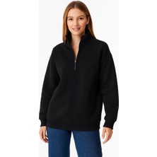Velmora Fashion Kadın 3 Iplik Pamuklu Dık Yaka Yarım Fermuarlı Sweatshirt - Siyah