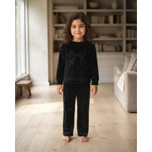 My Bella Kız Çocuk Siyah Kadife Taşlı Sweatshirt ve Pantolon Takımı Kışlık Konforlu