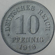 Banknoting Almanya 10 Pfennig 1918 Çinko. I. Dünya Savaşı Dönemi.