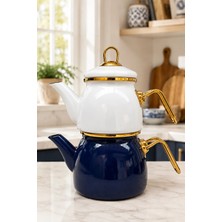 PR Home Lacivert-Beyaz Mini Model Emaye Çaydanlık