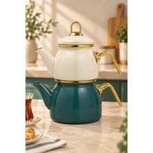 PR Home Petrol Yeşili-Krem Mini Model Emaye Çaydanlık