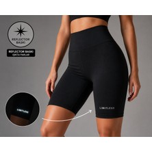 Twinticks Kadın Siyah Yüksek Bel Biker Spor Tayt Şort – Lımıtless Reflektör Baskılı Polyamid Fitness Yoga Pilates Koşu Taytı