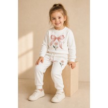 Kız Çocuk Ekru Fiyonk ve Papatya Baskılı 2 Iplik Sweatshirt Eşofman Takımı