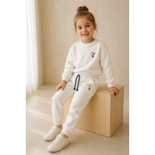Kız Çocuk Krem Çiçek Nakışlı Pamuklu 2 Iplik Sweatshirt ve Lastik Paçalı Eşofman Takımı