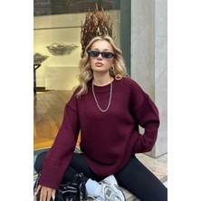 Seeh Bordo Bisiklet Yaka Oversize Triko Kazak SH173