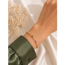 Hotchic Hotchıc Renkli Taşlı Sarmaşık Gold Çelik Bileklik
