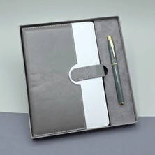 TKÇ Gri Kutulu Deri Defter Roller Kalem Set