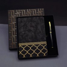 TKÇ Gold Desen Siyah Deri Defter Kalem Set