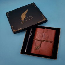 TKÇ Deri Defter ve Tükenmez Kalem Karton Kutu Kahverengi