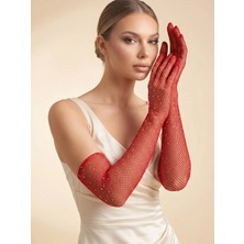 Elegance Scarf Uzun File Taşlı Eldiven Abiye Gece Parti Davet Nişan Kına Mezuniyet Eldiveni Kırmızı