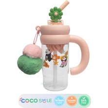 Vagonlife Cocosmile 1000ML Tumbler Charm Serisi Parlak Şeffaf Gövdeli Pipetli/pipetsiz Kullanım Detokslu Büyük Kulplu Peluş Süslü Charmlı ve Silikon Pipet Süslü Tritan Su Matarası Suluğu