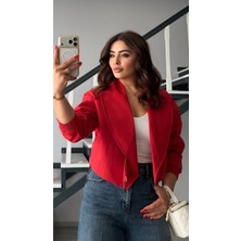 Elisin Kırmızı Bel Lastikli Kemerli Bomber Trençkot