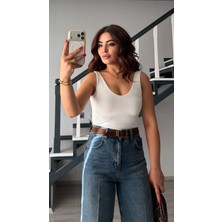 Elisin Ekru Sırt Dekolteli Kalın Askılı Bluz