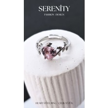 Yaprak Figürlü Pembe Zirkon Taşlı Kalp Çelik Yüzük