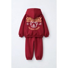Magu Çocuk  Ayıcık Baskılı Bordo Kapüşonlu Sweatshirt ve Eşofman Altı Takımı