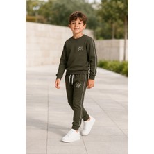 Rony Pony Kids Erkek Çocuk Haki Gezegen Baskılı Beyaz Biyeli Sweatshirt Jogger Eşofman Takımı