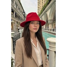 Mollycrush Kadın Kırmızı Keçe Fötr Şapka | Geniş Kenarlı Vintage Fedora Model