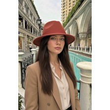 Mollycrush Kadın Kışlık Fötr Kiremit Renk Şapka | Geniş Kenarlı Keçe Fedora