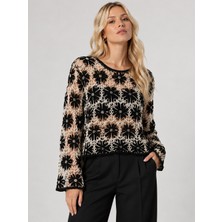 Sibel Günay Butik Kahve Ekru Iki Renkli Çiçek Motifli File Örgü Kadın Triko Bluz Standart Beden