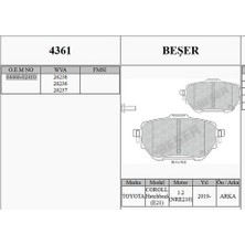 Beşer Beser 4361 Fren Balatası Arka Toyota Corolla 1.6 Benzinli 2019> 04466-02410