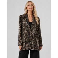 Sibel Günay Butik Leopar Desenli Siyah Saten Astarlı Oversize Kadın Blazer Ceket Yan Yırtmaçlı Standart Beden