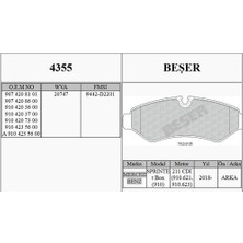 Beşer Beser 4355 Fren Balatası Arka Sprinter 907 910 211 214 311 314 316 319 414 416 419 CDI 18 > 91042037