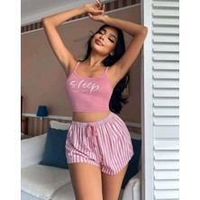 Bezos Kadın Pembe Çizgili Desen Askılı Şortlu Pijama Takım 5002 — Beden: S/m, Renk: Pembe