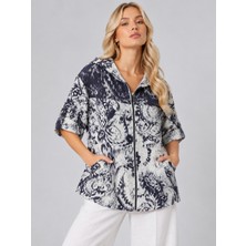 Sibel Günay Butik Şal Desenli %100 Pamuk Kapüşonlu Önden Fermuarlı Dirsek Kol Mevsimlik Kadın Ceket