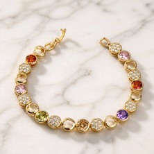 Zefrimo cm Jewellery Renkli Taş Detaylı Altın Renk Kadın Bileklik Işıltılı Yuvarlak Zirkontaşlı Şık Bileklik 19 cm
