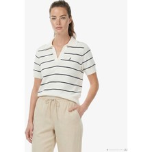 Nautica Kadın Beyaz Regular Fit Çizgili Triko Polo Yaka T-Shirt 65K510T.1BW