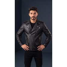 PAK Siyah Deri Erkek Biker Ceket - Asimetrik Fermuarlı, Çok Cepli, Premium Kalite