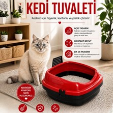 Yıldızhane Kedi Kumluğu Kedi Tuvalet Kabı Kırmızı Renkli Kum Sıçrama Emniyetli Kürek ile Birlikte