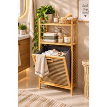 Porsima 2063 Ahşap Bambu Kirli Sepetli 2 Raflı Çok Amaçlı Banyo Düzenleyici Organizer Banyo Dolabı Kirli Çamaşır Sepeti Organizeri