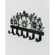 Çiçek Figürlü Metal Anahtar Askılığı, Duvar Tipi Anahtar Organizer | 27X15 cm Siyah KAF1370 | Enova Art