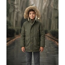 Tiamo junior Erkek Çocuk Haki Renk Kürklü Kapüşonlu Şişme Mont Kışlık Dış Giyim