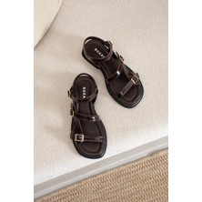 Duxal Shoes Patricia Kadın Hakiki Deri Gold Tokalı Ayarlanabilir Yaz Sandaleti Terlik Ultra Rahat ve Şık