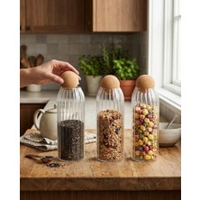 Leylart 3lü Top Mantar Kapaklı Çizgili Desen Kavanoz (500ML)