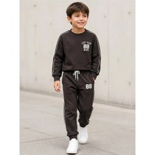 Rony Pony Kids Erkek Çocuk Koyu Kahverengi 88 Nakışlı Biyeli Sweatshirt Jogger Eşofman Takımı