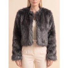 Elegance Scarf Yakasız Premium Lolita Suni Kürk Mont Ceket Antrasit