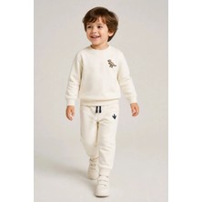 Rony Pony Kids Erkek Çocuk Krem Dinozor Nakışlı Pamuklu 2 Iplik Sweatshirt ve Lastik Paçalı Eşofman Takımı