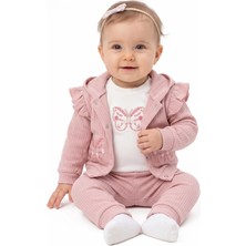 Bebegen Kız Bebek Ekru Pembe Kelebek Nakışlı Fırfırlı Hırkalı 3'lü Takım