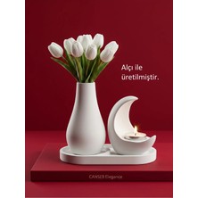Canseb Elegance 13CM Çiçek Pampas Vazosu & 11CM Hilal Mumluk & 17CM Oluklu Tepsi ( 1 Adet Tealight Mum Hediyeli )