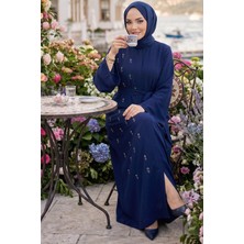Hafsa Mina Kuşaklı Çiçek Taşlı Ferace Lacivert HM2853